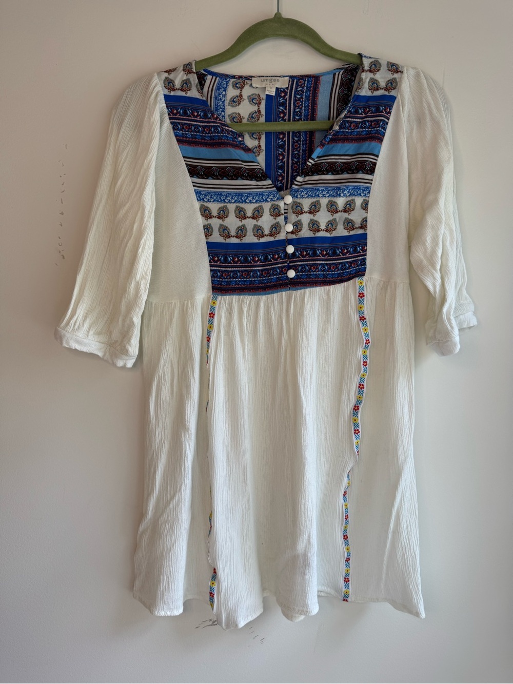 Umgee White Mini Dress with Blue Patterned Yoke